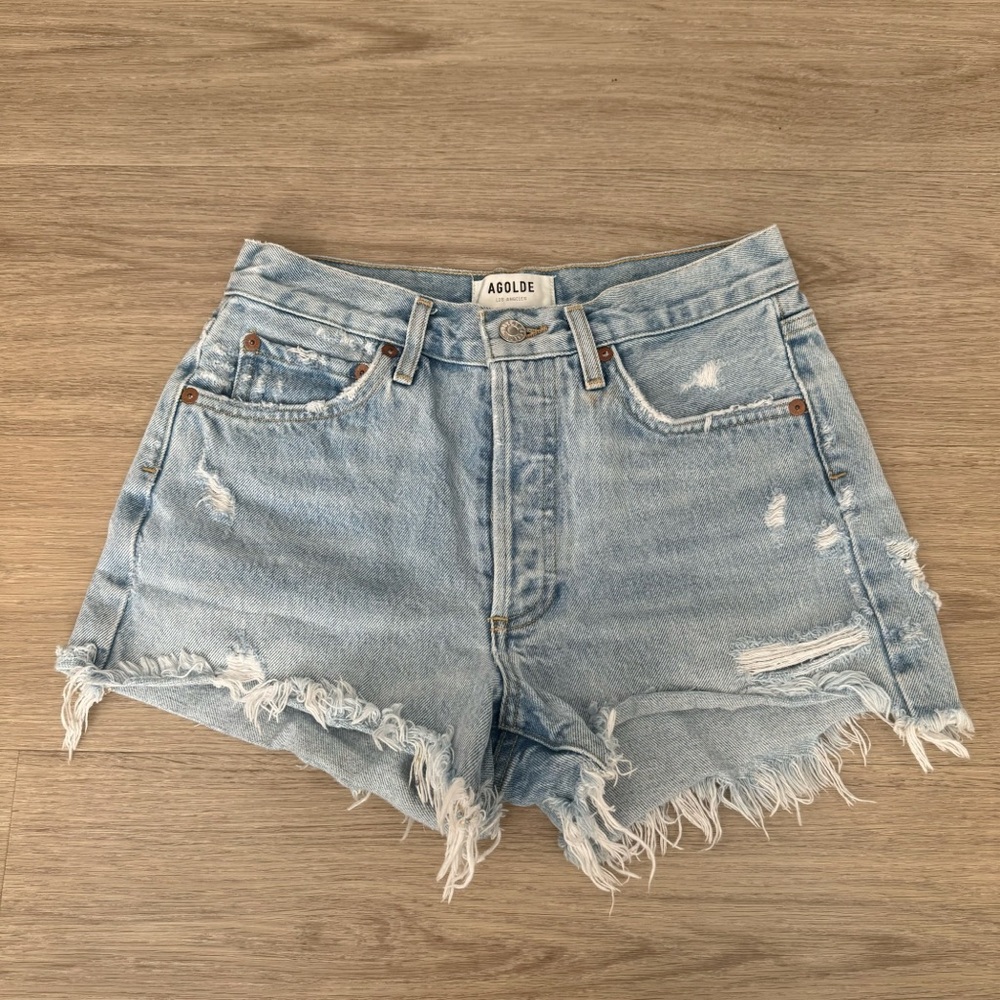 agolde light blue high waisted rise distressed ripped denim jeans shorts bottom